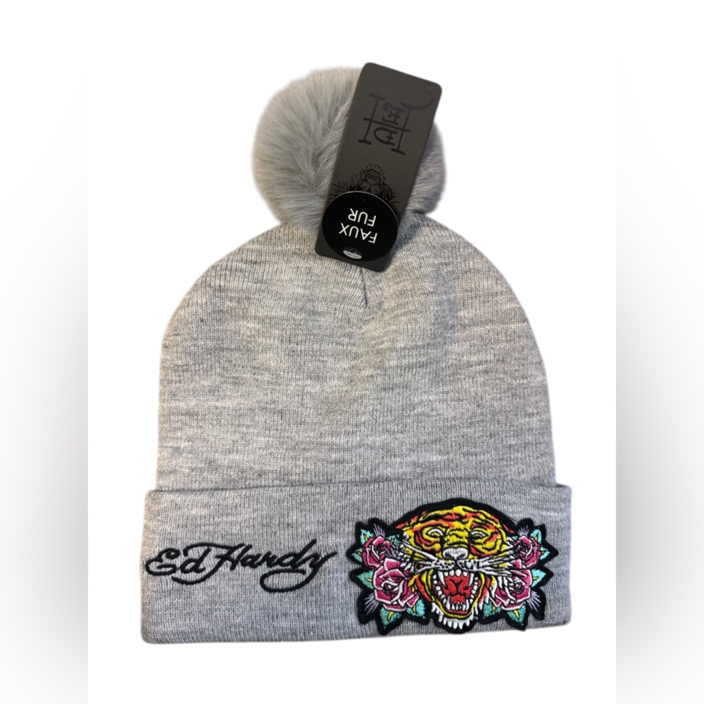 Ed Hardy Light Gray Beanie with Colorful Embroidery